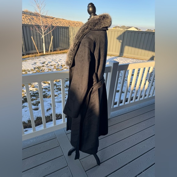 Escalier Black Wool Belted Coat with Genuine Fox Fur Collar Women’s Large Luxury - Picture 3 of 12